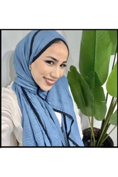 AMİNENESİL Piping Muslin Shawl Blue Color