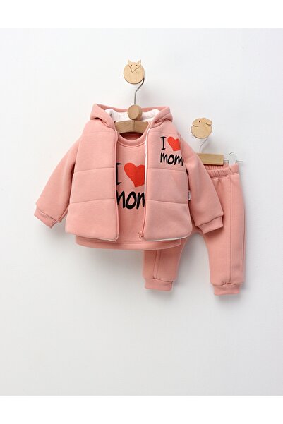 MiniKids Set 3 piese vatuit, cu Vesta, I love MOM, corai