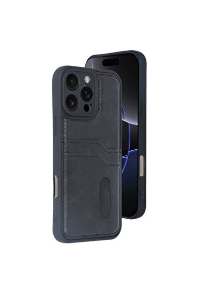 eco port حافظة آيفون 16 برو من الجلد مع حامل بطاقات سارة - أسود