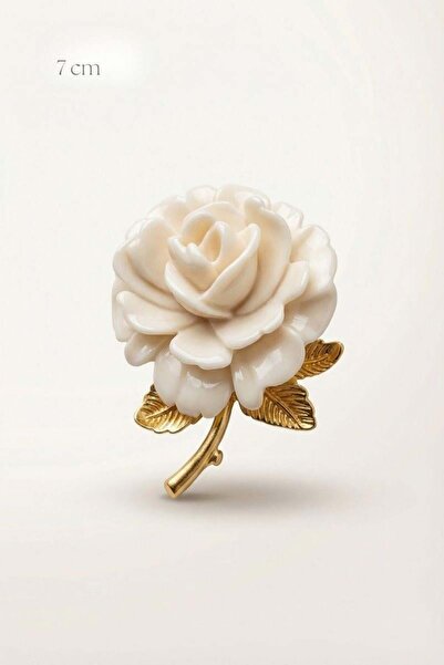 Spazio Krem Renk Gül Formlu Vintage Çiçek Broş 7 cm KREM