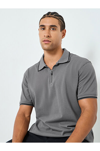 Styli Men Grey Relaxed Fit Pique Zip Polo