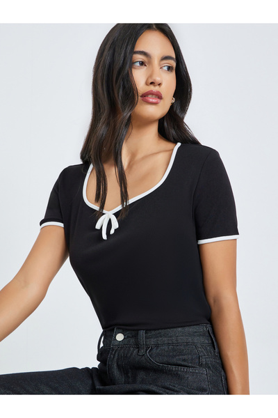 Styli Black Ribbed Knit Top with White Trim