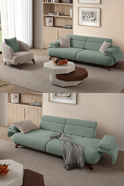 Eymense Bonjo Sırt Mekanizmalı Ceviz Kasalı Koltuk Takımı 3+1 Su Yeşili