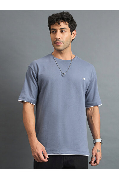 REPRISE By Styli تيشيرت واسع من قطن مخلوط باللون الأزرق الترابي