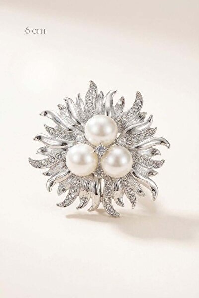 Spazio İnci Detaylı Kristal Taşlı Çiçek Broş 6 cm GÜMÜŞ