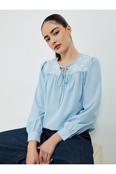 Styli Blue Embroidered Long Sleeve Blouse