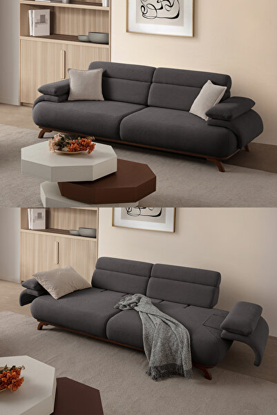 Eymense Bonjo Sırt Mekanizmalı Ceviz Kasalı Üçlü Koltuk Kanepe Antrasit