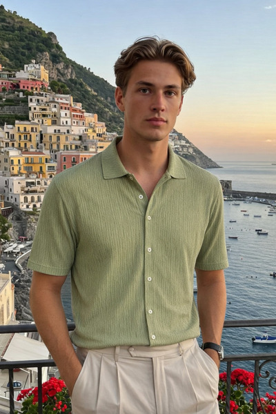 DAMGA JEANS Men's Trendy Polo Collar Oversize Green Linen Shirt