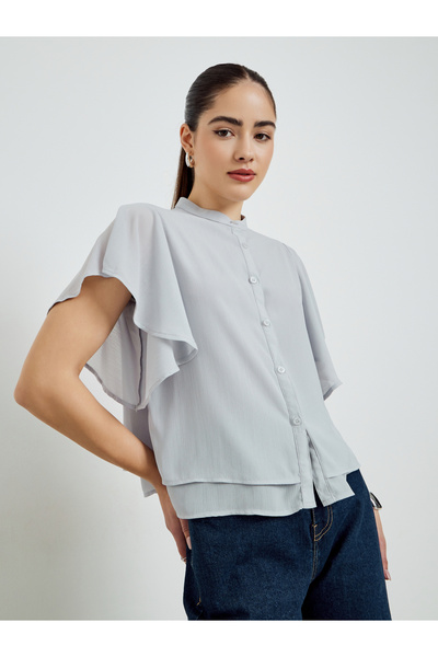 Styli Grey Flutter Sleeve Buttoned Shirt