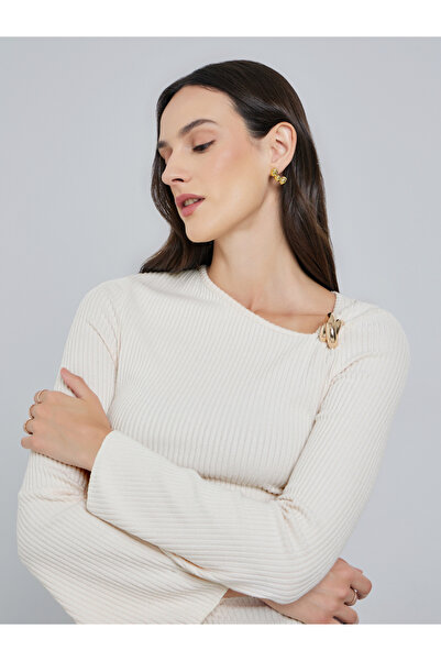 Take Two By Styli Beige Ribbed Asymmetric Neck Top