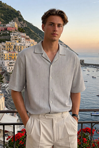 DAMGA JEANS Men's Trendy Polo Collar Oversize Gray Linen Shirt