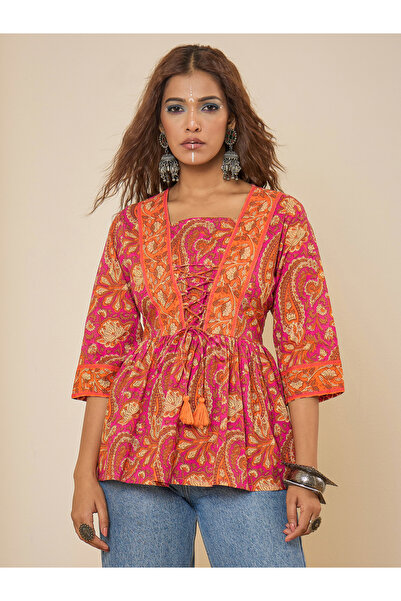 WineRed By Styli Women Cotton Pink Printed Bodered Peplum Top