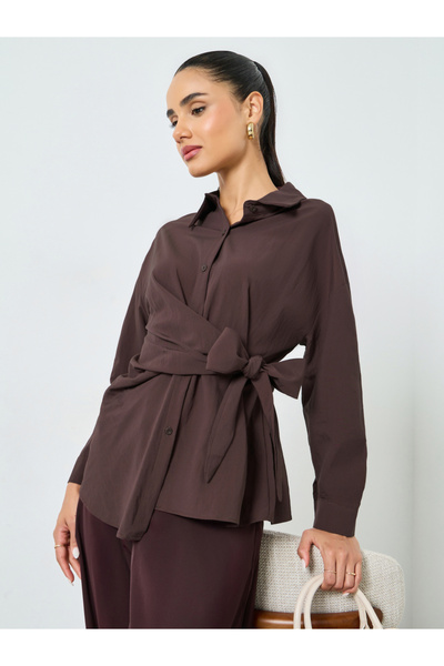 Styli Brown Long Sleeve Buttoned Wrap Top
