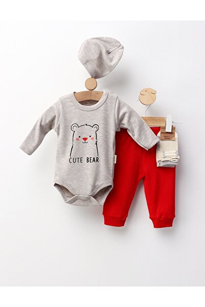 MiniKids 4-piece baby set, Cute Bear, gray-red