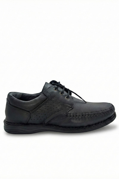 Ekonomik Ayakkabı Men's Black Lace-Up Casual Shoes Genuine Leather Stitched C...