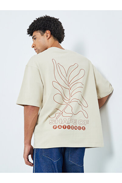 Styli Men Beige Graphic Print Oversized T-Shirt