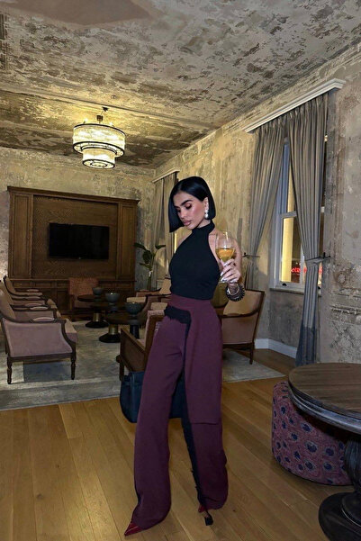 Mine Tan Butik Women's Palazzo Trousers with Lace Detail - Burgundy