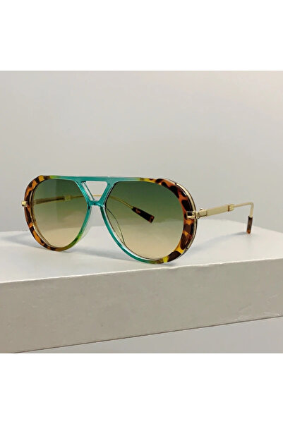 choice2 نظارات شمسية نسائية كبيرة الحجم بتصميم كلاسيكي، لون أخضر مصفر بنقشة ج...