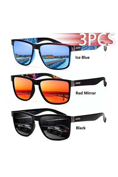 Choice3 IceBlue-Red-Black 3PCS Fashion Classic Square UV400 Sunglasses Men Wo...