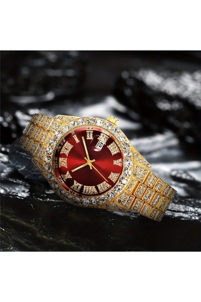 Choice5 ساعة رجالية ذهبية حمراء مستوحاة من موسيقى الهيب هوب، ساعة كوارتز عتيق...