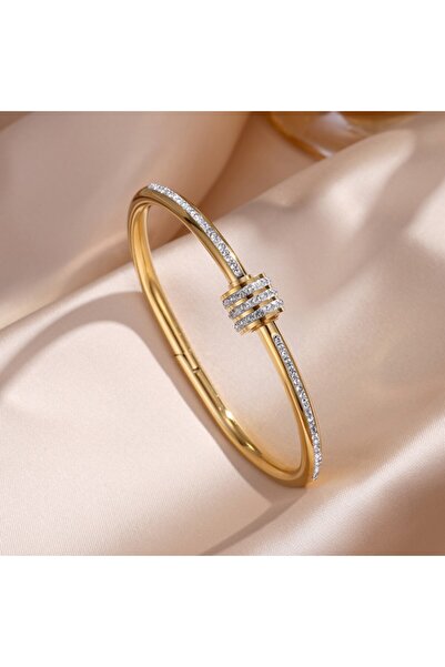 Choice1 سوار من الفولاذ التيتانيوم بلون ذهبي، مرصع بالزركون اللامع، مناسب للأ...