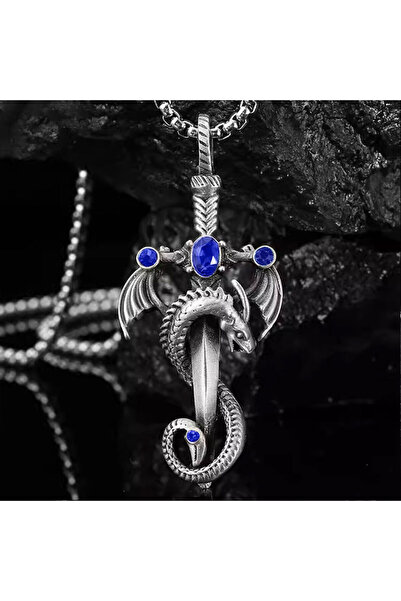 Choice Blue Vintage imitation gemstone dragon sword pendant necklace accessor...