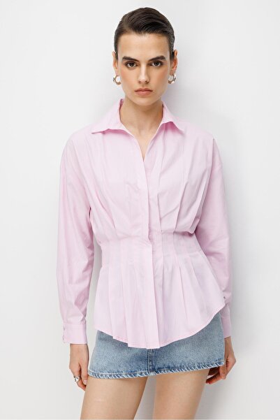 Mixray 4822 Kadın Pileli Belden Oturtmalı Poplin Gömlek Pembe