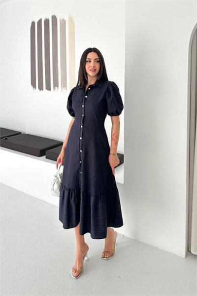 Neşeli Butik Rochie din denim neagră de damă, cu volane și detalii cu nasturi...