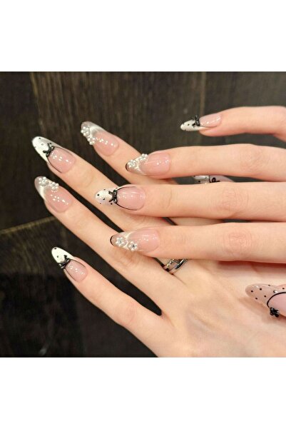 Choice5 أظافر صناعية يدوية الصنع مكونة من 10 قطع بتصميم فيونكة سوداء، قابلة ل...