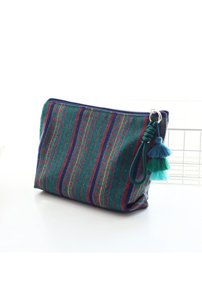 Choice حقيبة مكياج نسائية بسحاب، مزينة بشراشيب مخطط ملونة، بتصميم عرقي، مناسب...