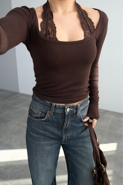 Mine Tan Butik Women's Blouse with Lace Straps - Brown