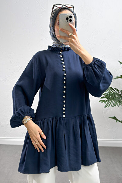 Salih Çelebi Brit Buttoned Peplum Tunic Y0082 - Dark Blue