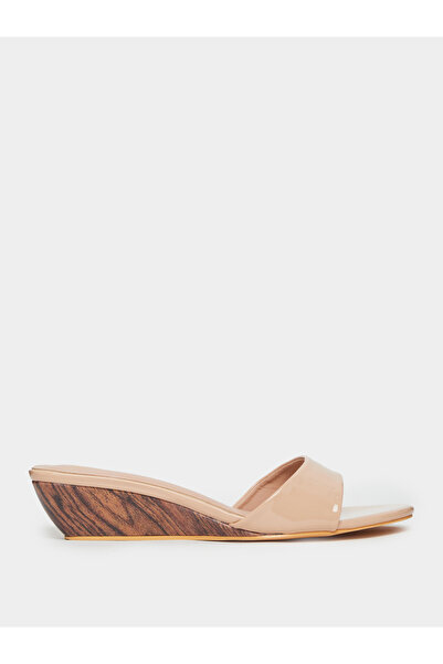 Styli Beige Patent Low Wedge Heel Mules