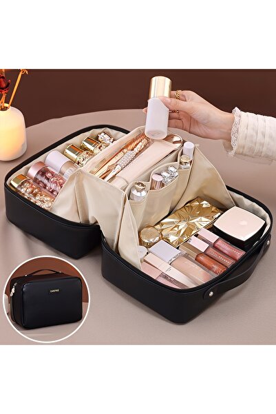 Choice حقيبة مكياج سوداء من البولي يوريثان بتصميم لهب، حقيبة تخزين مستحضرات ا...