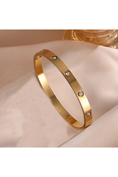 choice2 سوار من الفولاذ التيتانيوم بلون ذهبي مكون من 3 قطع، مرصع بالزركون الل...