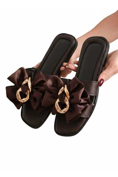 AYDOĞDU by ünal Aci Brown Bow-Knot Buckle Slippers - 1010