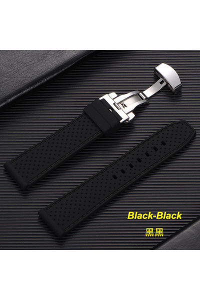 Choice سوار ساعة سيليكون فاخر أسود-أسود مقاس 22 مم، مزود بإبزيم فراشة، مقاوم ...