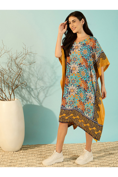 The Kaftan Company By Styli Floral Print Viscose Kaftan Dress