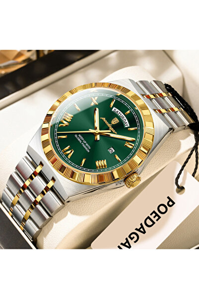 Choice5 ساعة يد رجالية فاخرة من الفولاذ المقاوم للصدأ، لونها ذهبي وأخضر، تعرض...