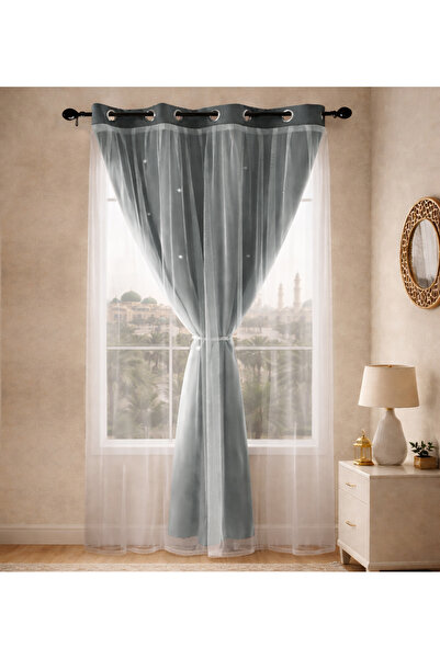 L&Wen Star Blackout Curtains with Sheer, Drapes Grommet Room Curtain (Grey (1...