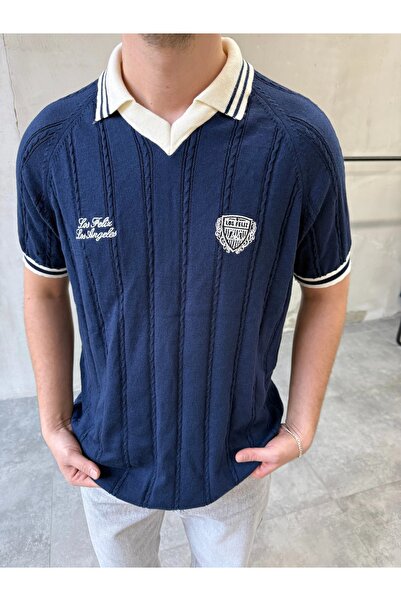 DIFRANSEL JEANS Men's Los Arma Embroidered Polo Collar Striped Knitwear T-Shirt