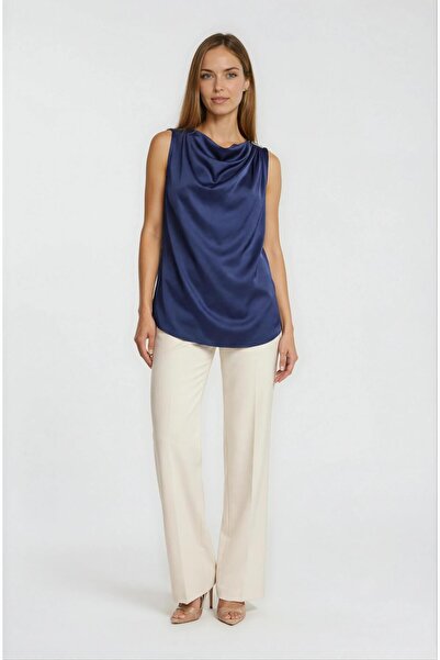 Spazio Omuz Aksesuarlı Degaje Yaka Asimetrik Bluz LACİVERT