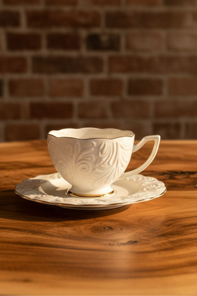 İpek Porselen 6 Kişilik Kabartma Desen Porselen Rosen Kahve Fincan Takımı 100ml