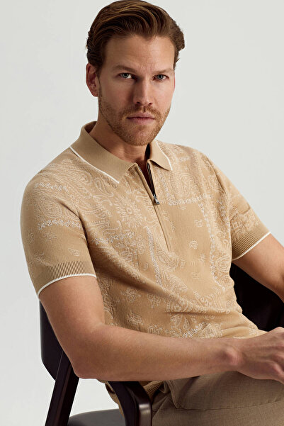 Hemington Giza Pamuk Paisley Desen Krem-Beyaz Triko Polo