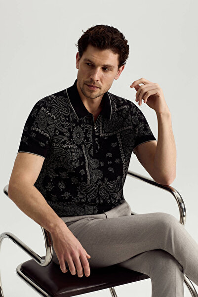 Hemington Giza Pamuk Paisley Desen Siyah-Açık Gri Triko Polo