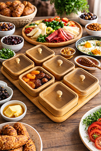 FeyzaDesign Bambu Ahşap 6'lı Kapaklı Kahvaltılık ve Çerezlik Seti, Tepsili Sunum