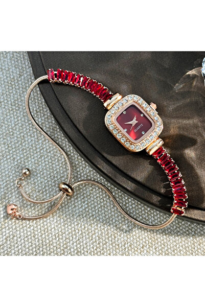 Choice6 سوار نسائي أحمر مرصع بالزركون، مرن وقابل للسحب، مع علبة من سبيكة مربع...