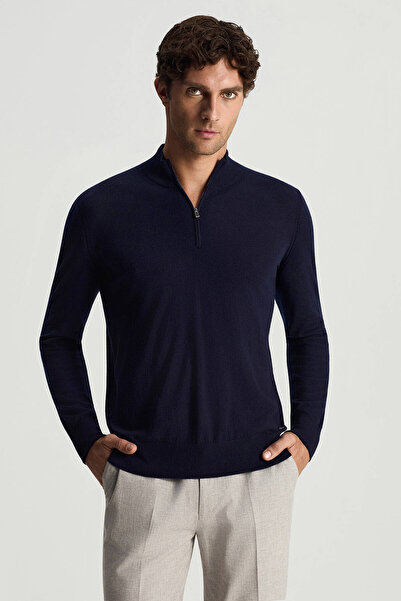 Hemington Saf Kaşmir Polo Yaka Fermuarlı Lacivert Triko