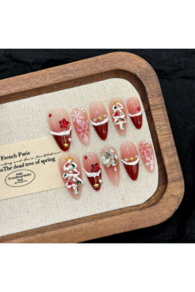 choice2 10 قطع أظافر صناعية يدوية الصنع لعيد الميلاد، أظافر حمراء مخملية على ...