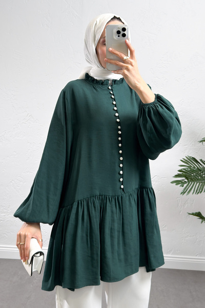 Salih Çelebi Brit Buttoned Peplum Tunic Y0082 - Emerald Green